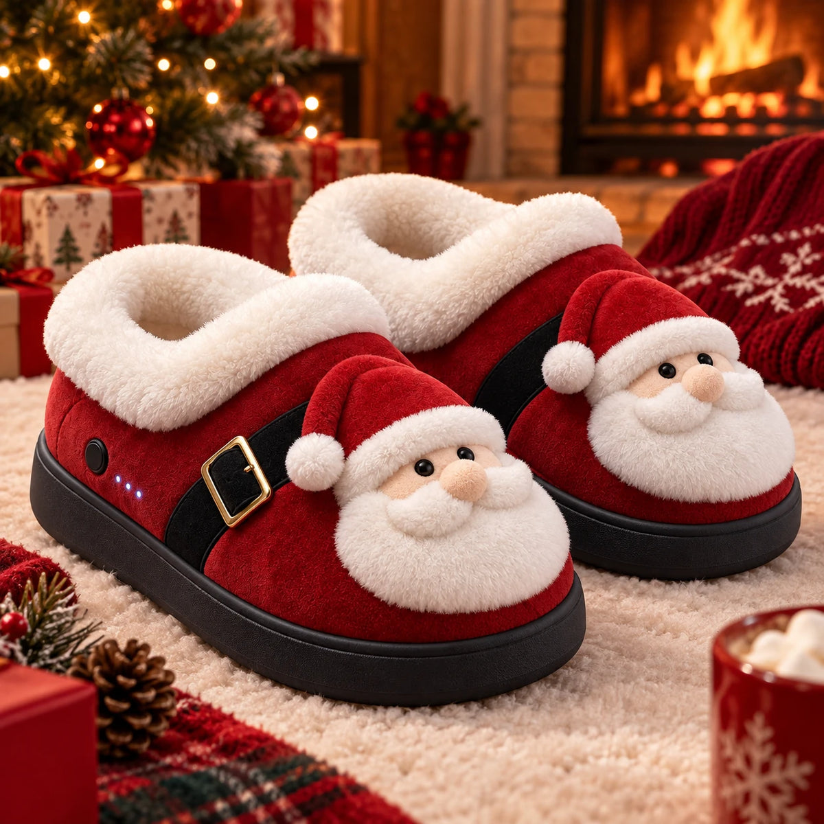 Toastie Santa Edition heated slippers on a rug by a lit fireplace with Christmas presents