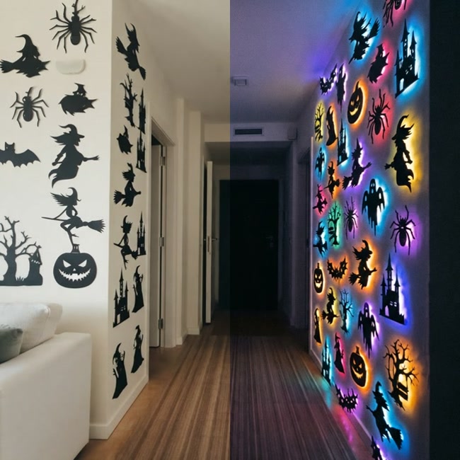 The same hallway with the silhouettes switched off on the left and glowing on the right