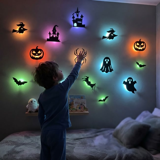 Young boy in pyjamas reaching up toward a bedroom wall of glowing Halloween silhouettes