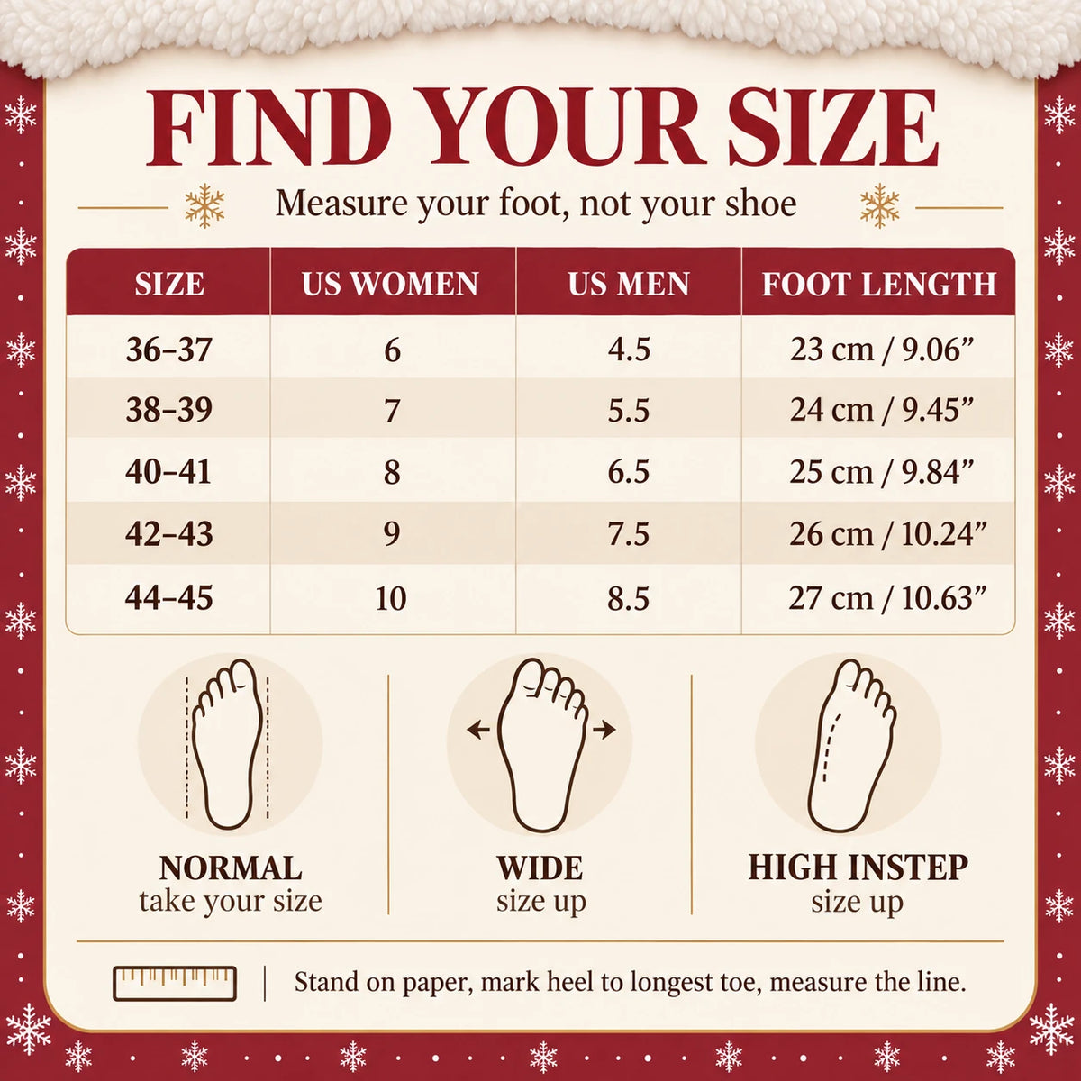Toastie size chart: sizes 36-37 to 44-45, US Women 6 to 10, US Men 4.5 to 8.5, foot length 23 to 27 cm