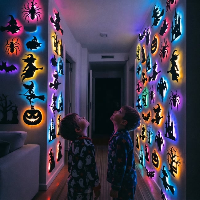 Two children in pyjamas looking up at a hallway lined with glowing Halloween silhouettes