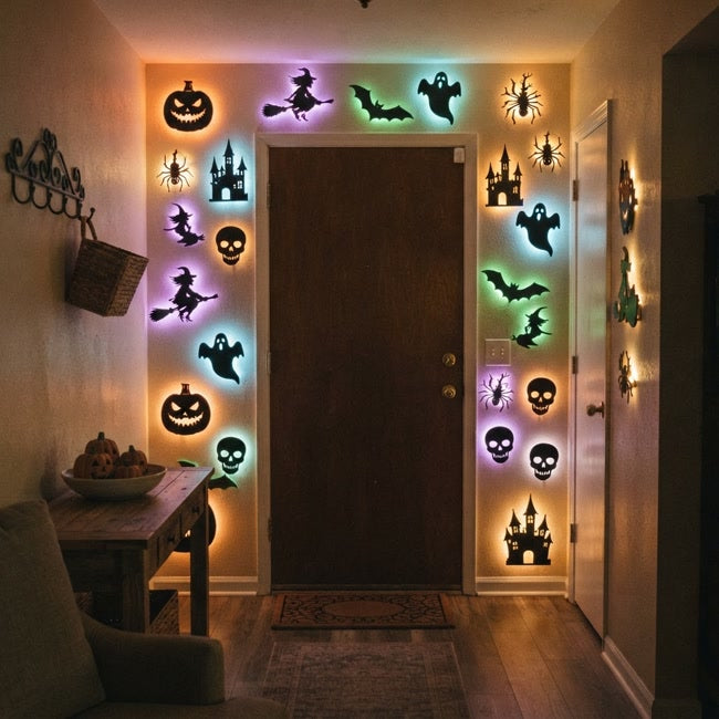 Front entryway framed by glowing Halloween wall silhouettes at night