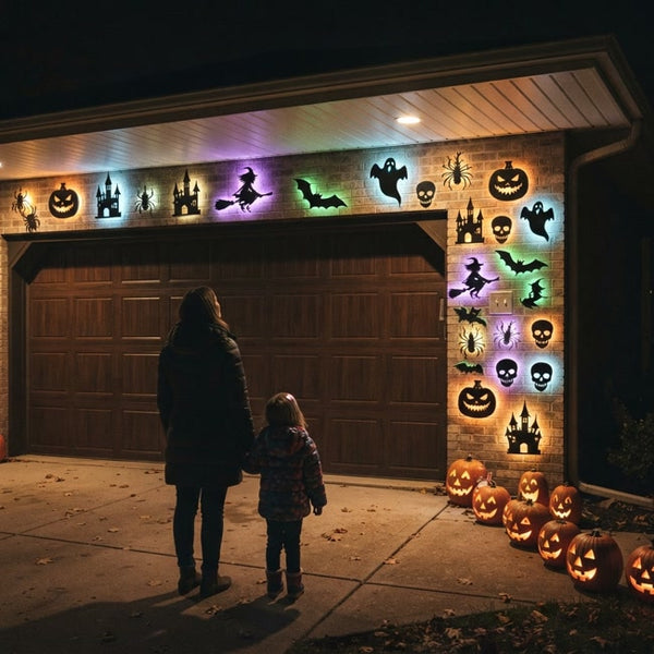A parent and child on the driveway looking at a garage wall of glowing Halloween silhouettes