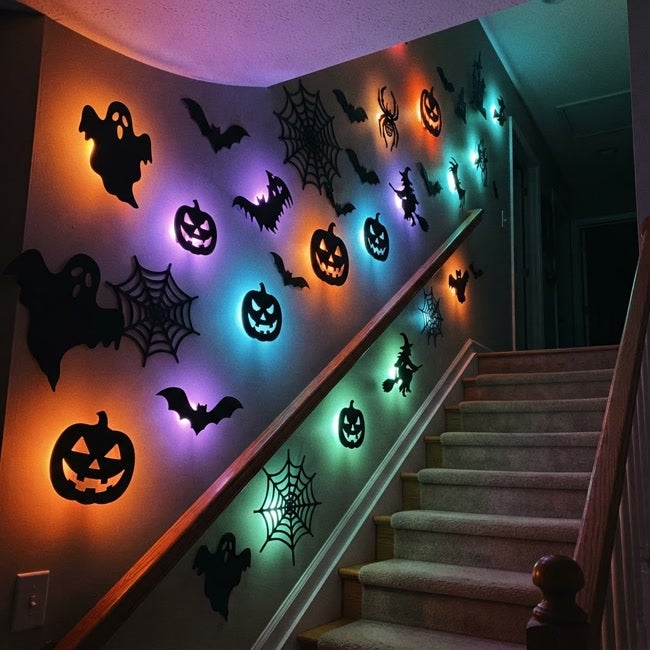 Stairwell wall with glowing pumpkin, ghost, bat and spider silhouettes