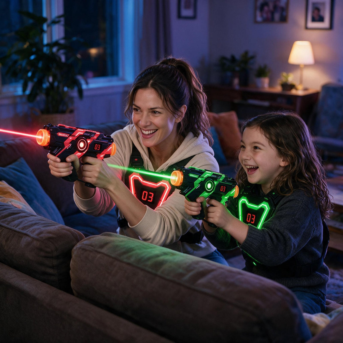 Mom and daughter playing laser tag from the sofa