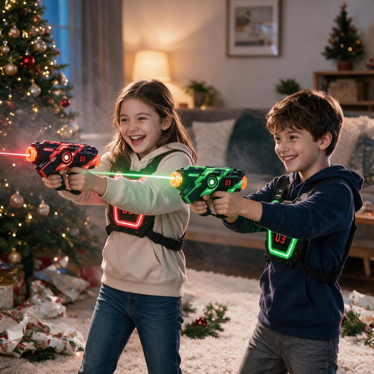 Kids playing laser tag on Christmas
