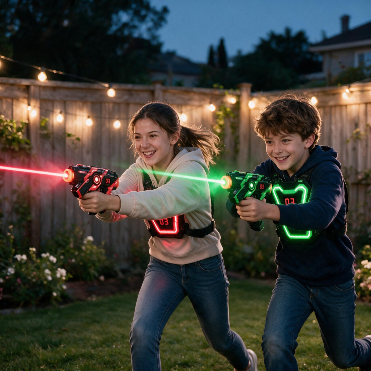 Siblings playing laser tag in the backyard at night