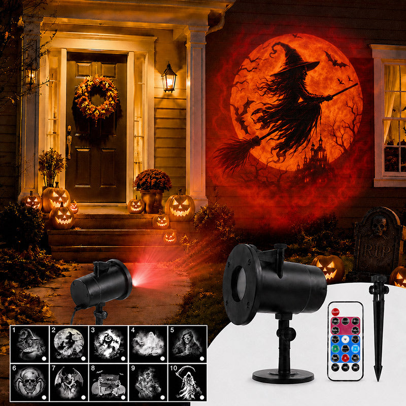 Frightlight projecting a witch on the front of a house decorated for Halloween