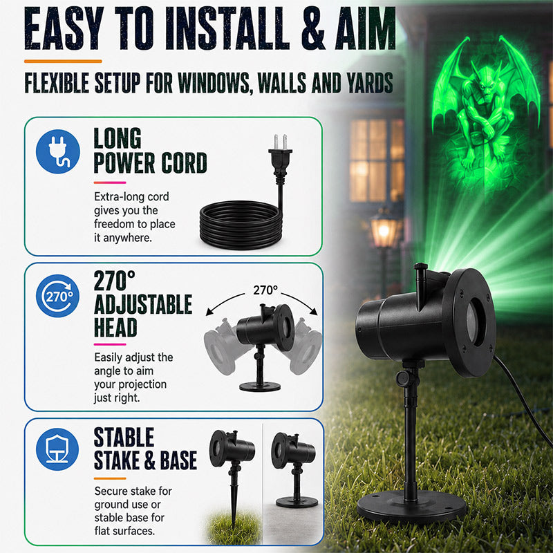Frightlight setup: long power cord, adjustable head, ground stake and base