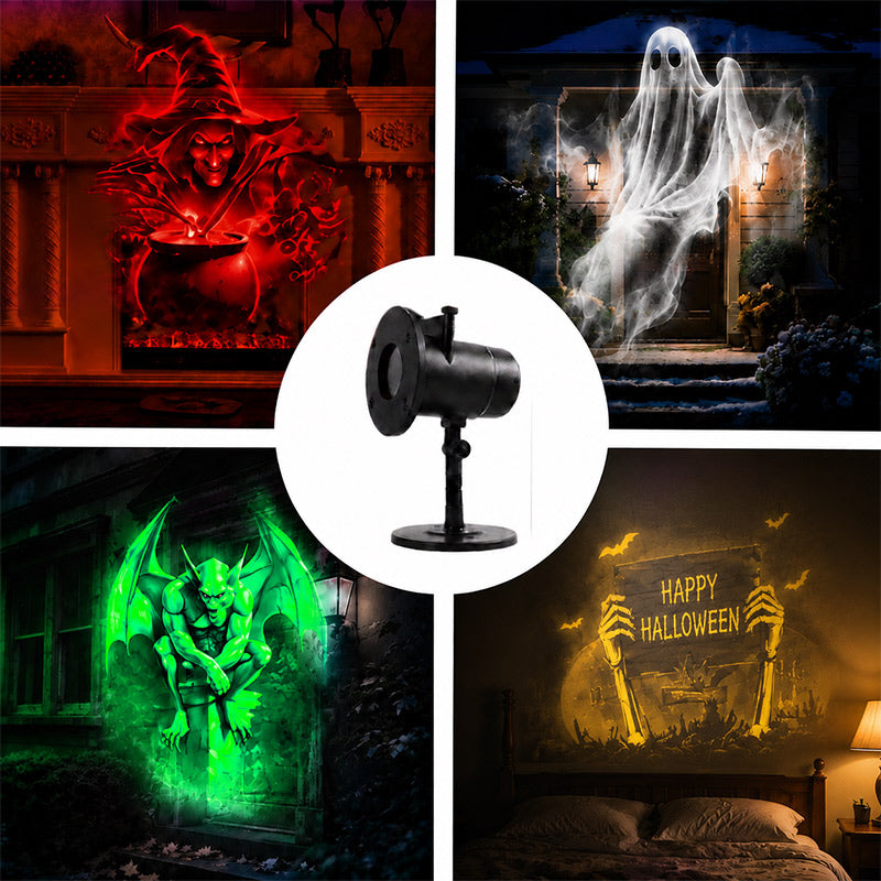 Four Halloween scenes projected by the Frightlight in different colors
