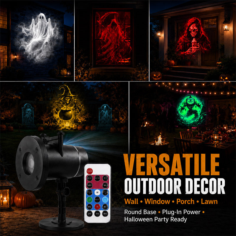 Frightlight projecting Halloween scenes on walls, windows and the lawn