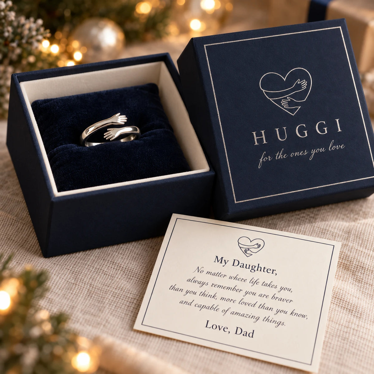 Huggi hug ring in its navy gift box with a message card from Dad
