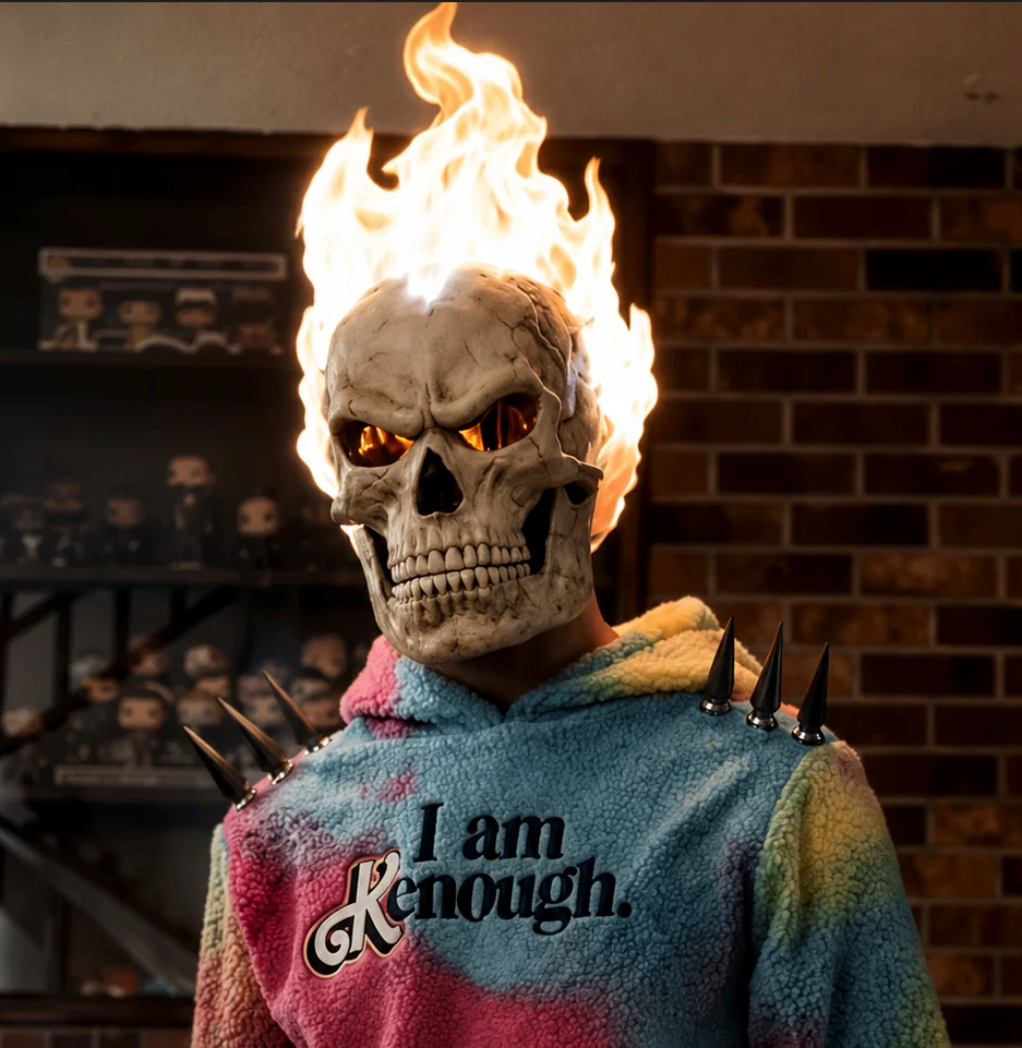 Inferno Reaper mask with the flame crest lit, worn with a hoodie