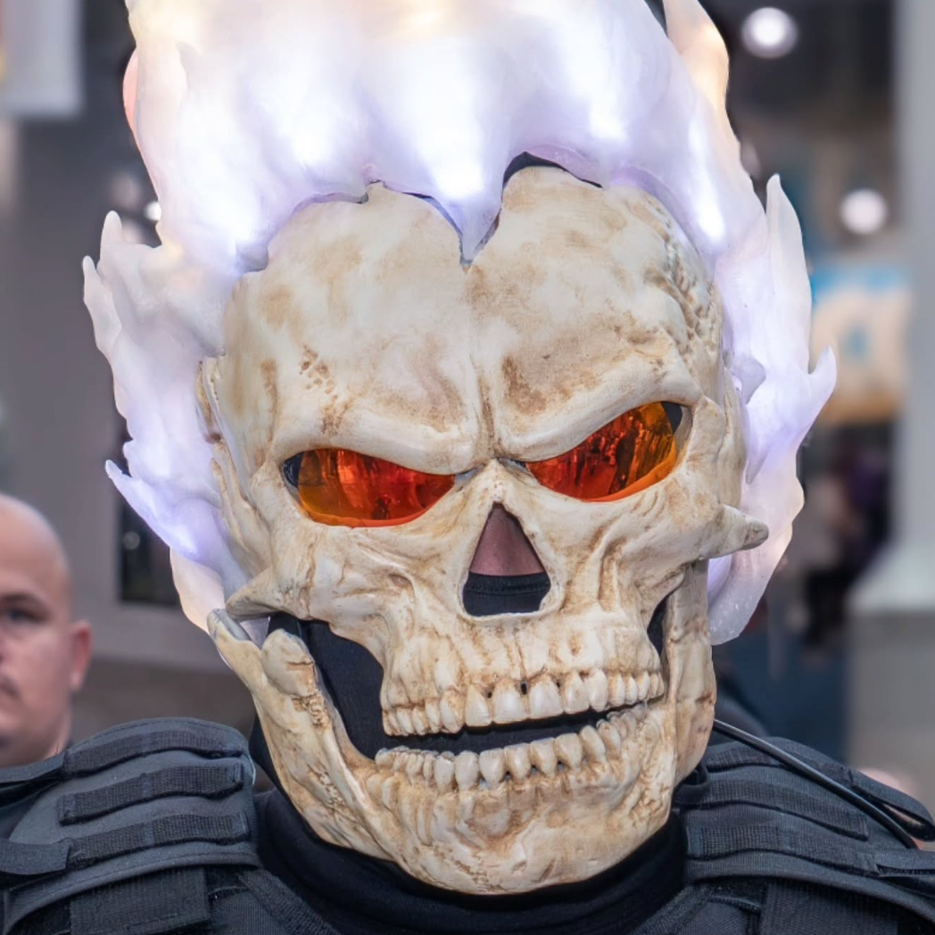 Close-up of the Inferno Reaper mask with glowing red eyes