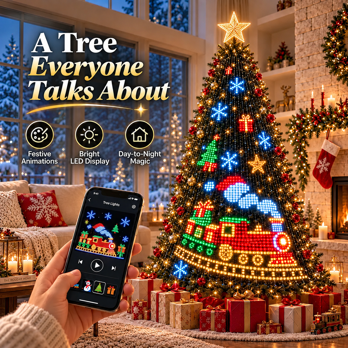 Animated Christmas tree lights showing a glowing train