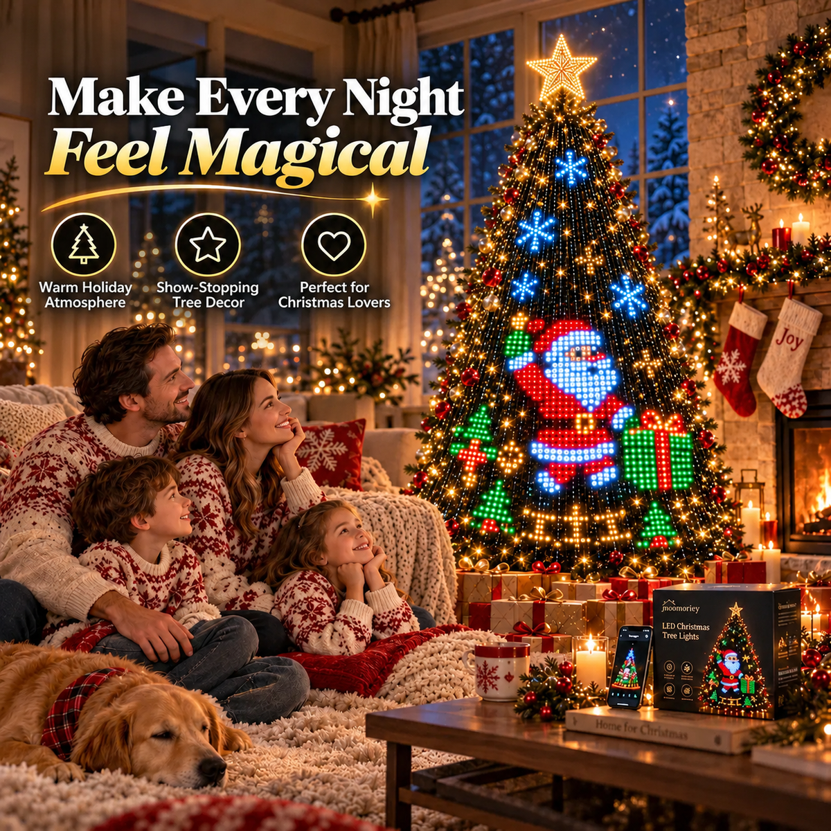 Family watching Santa light up their Christmas tree