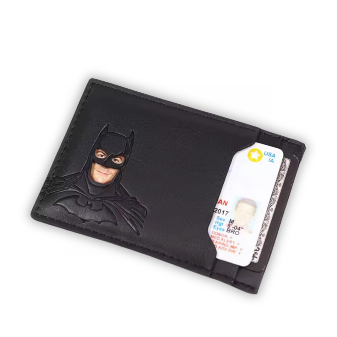 MaskID Shadow Knight wallet with an ID inside, the photo showing as the hero's face