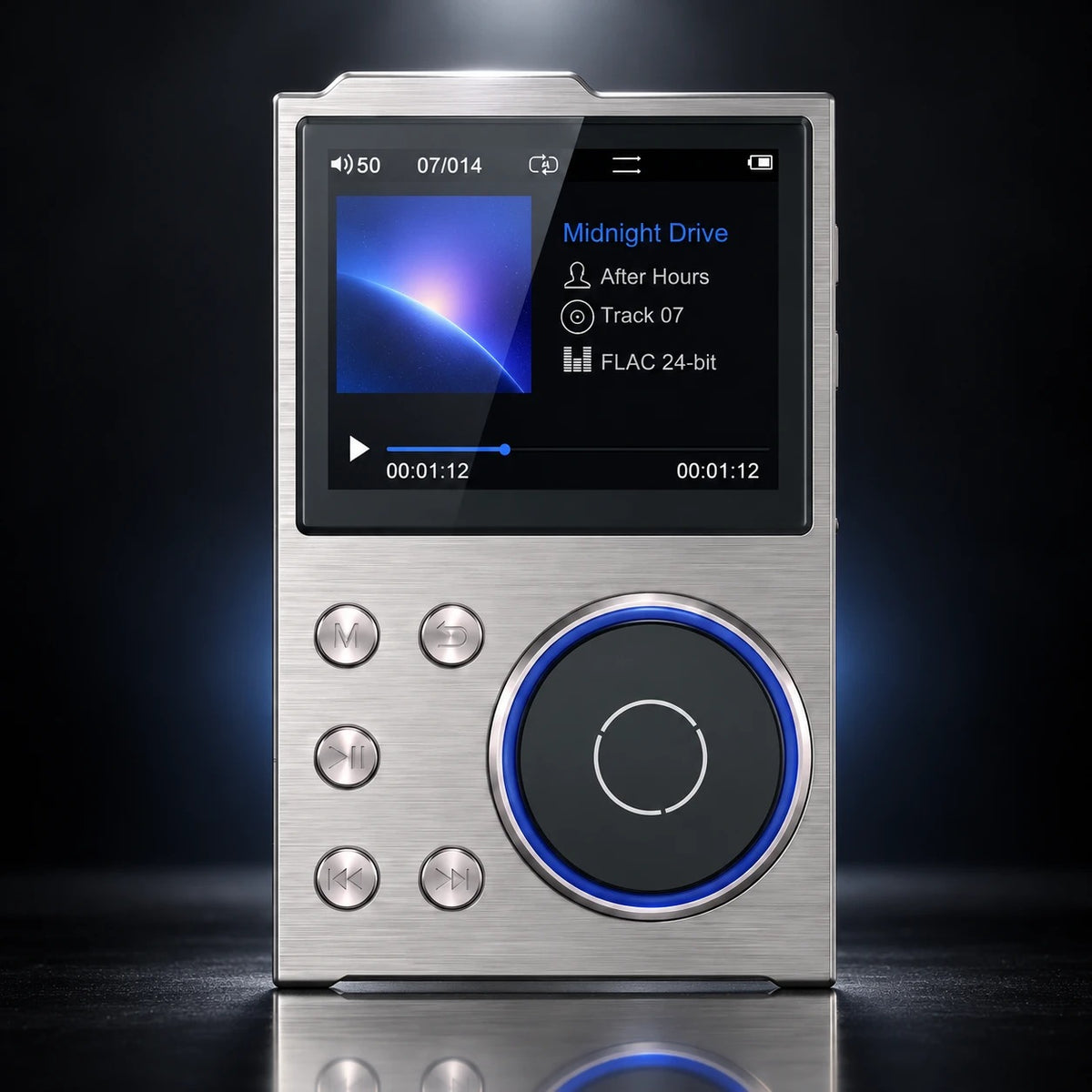 Noctave hi-fi music player in silver, front view