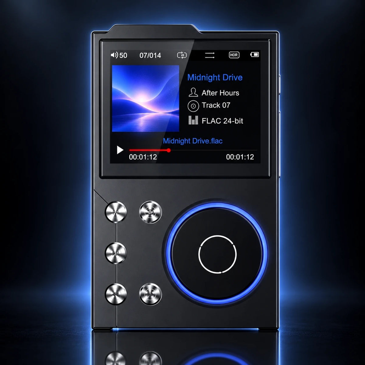 Noctave hi-fi music player in black, front view