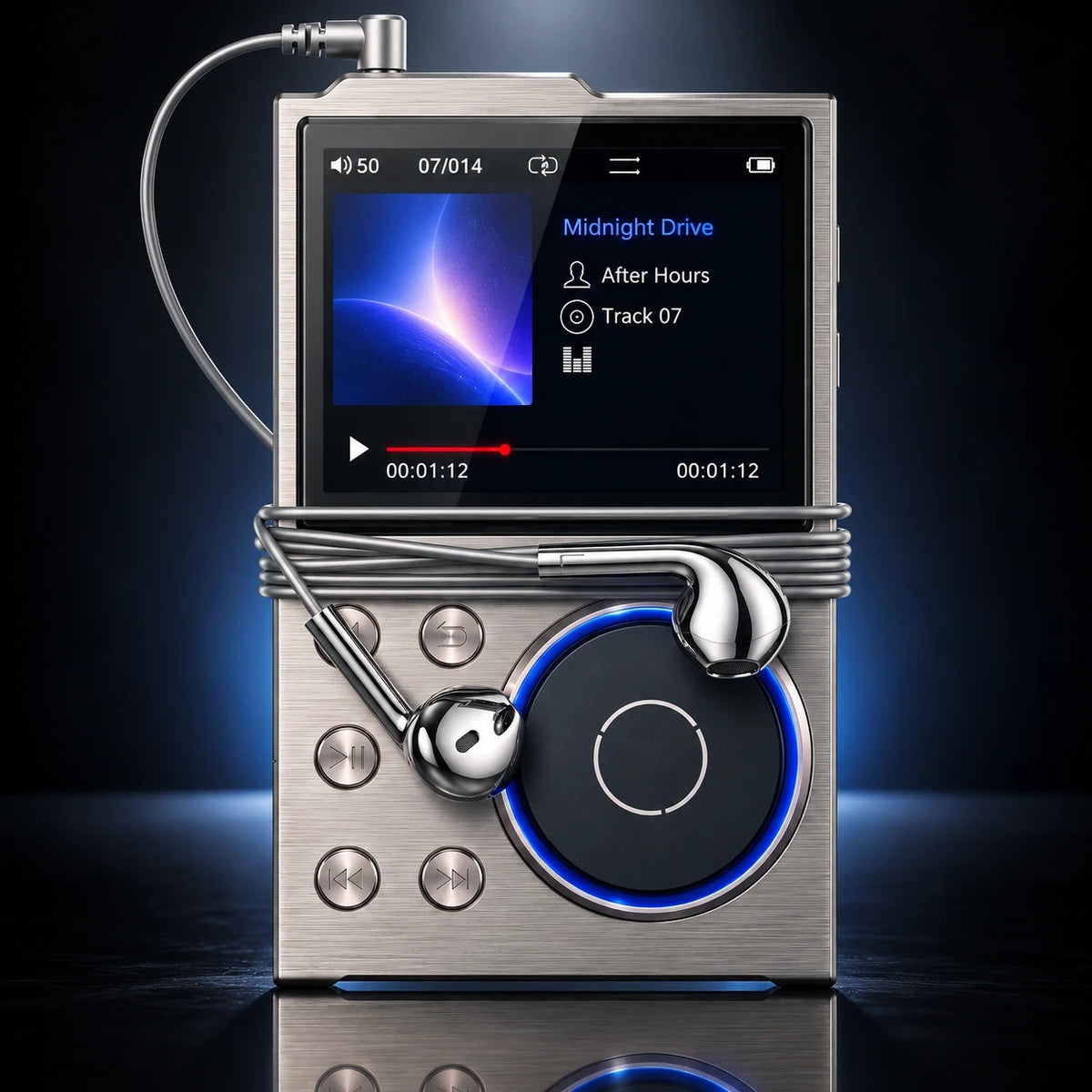 Noctave in silver with wired earphones