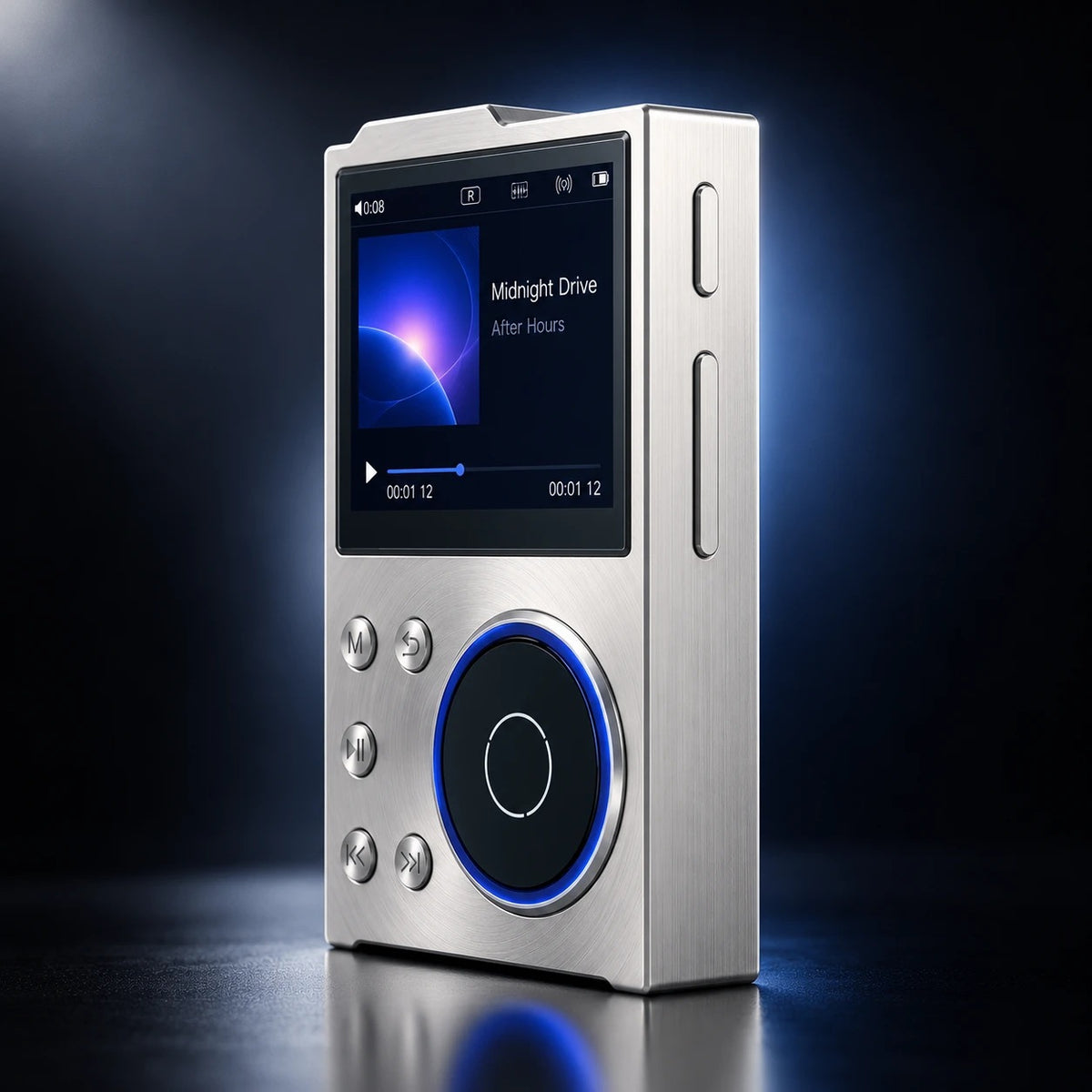 Noctave in silver, angled view of the all-metal body