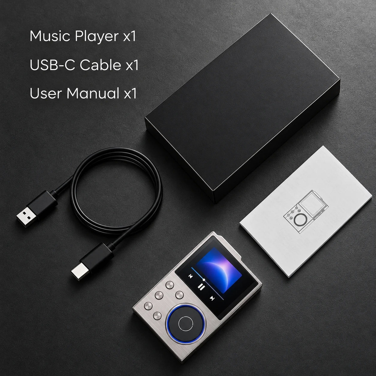 What's in the box: music player, USB cable and user manual