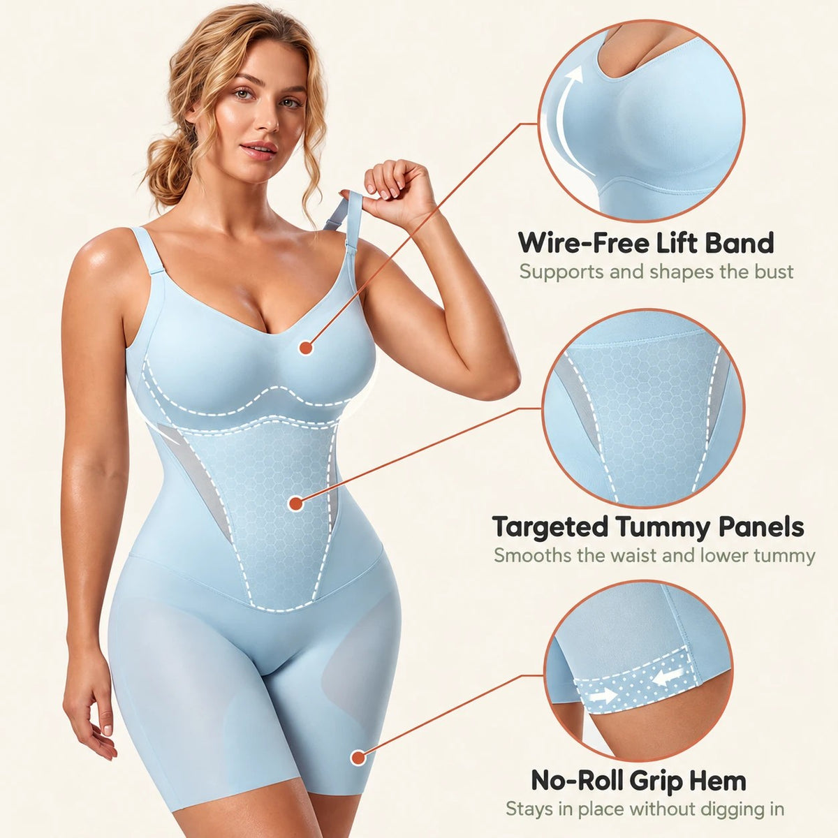 Wire-free lift band, targeted tummy panels and no-roll grip hem