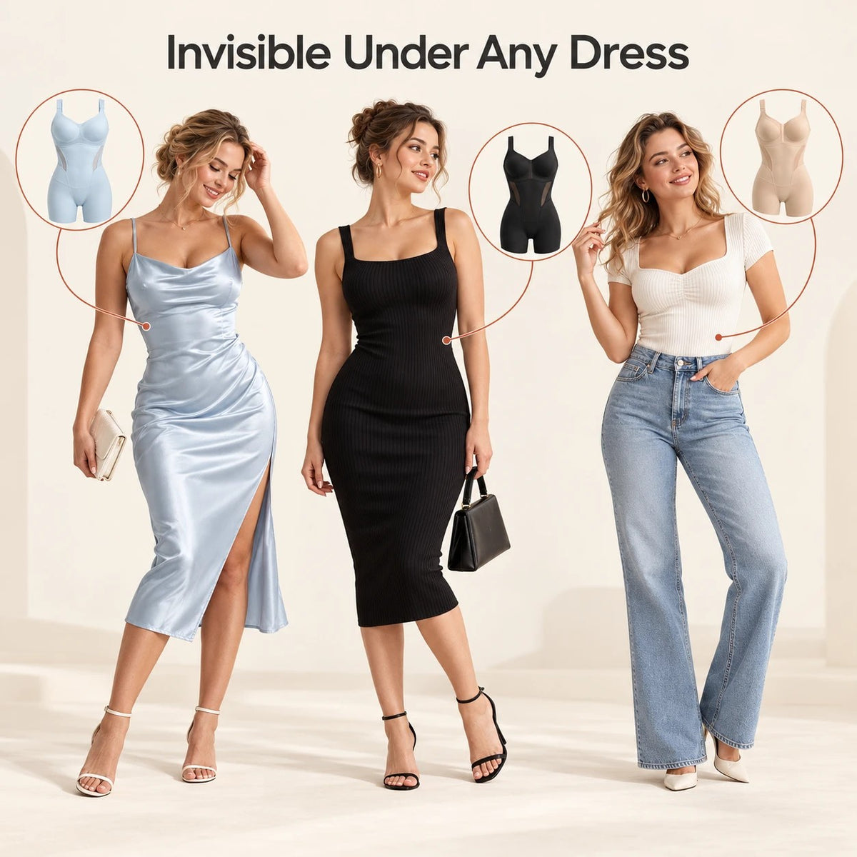 Invisible under a satin dress, a knit dress and jeans