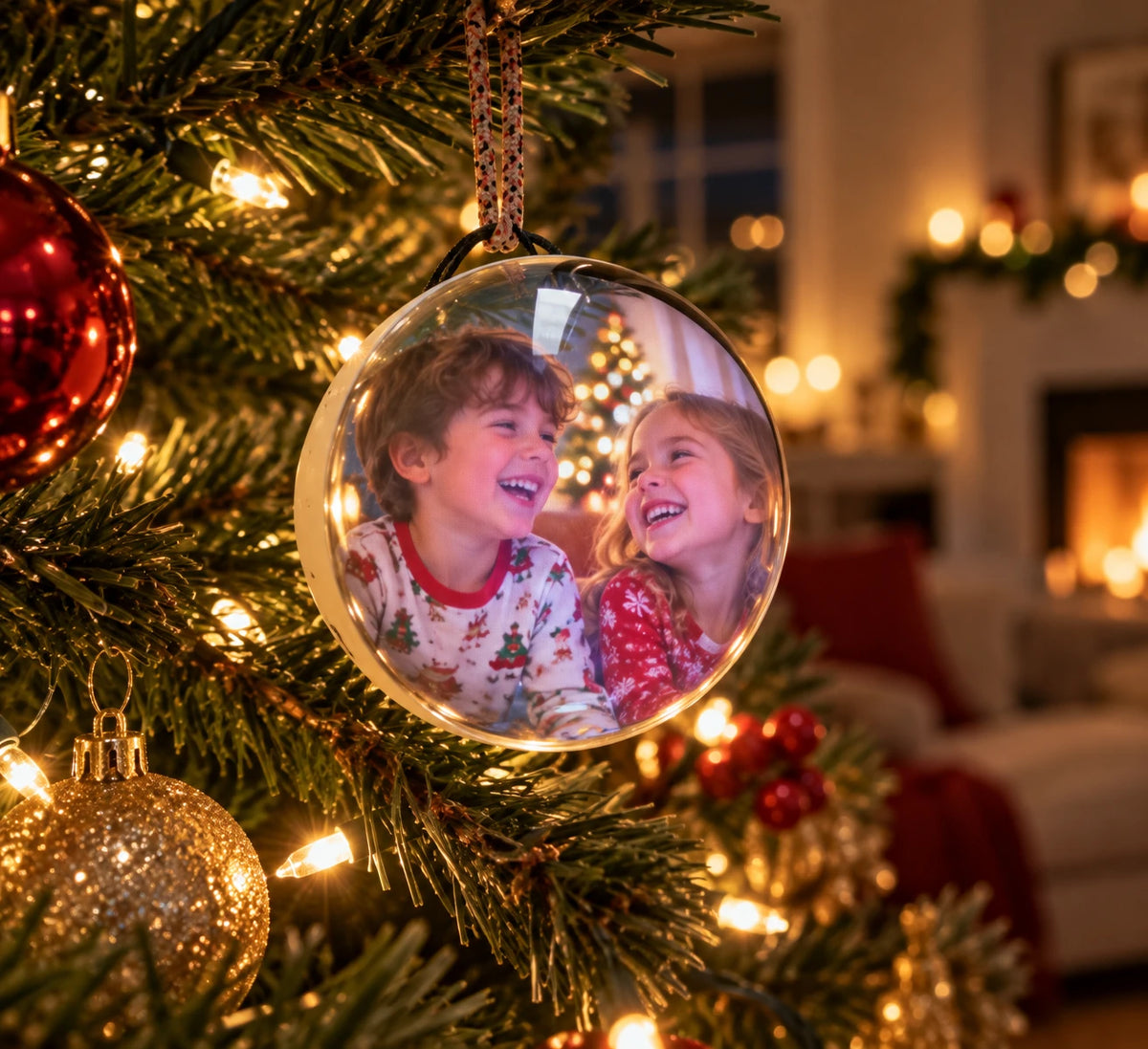 Orbie memory ornament hanging on the Christmas tree, playing a video of two kids
