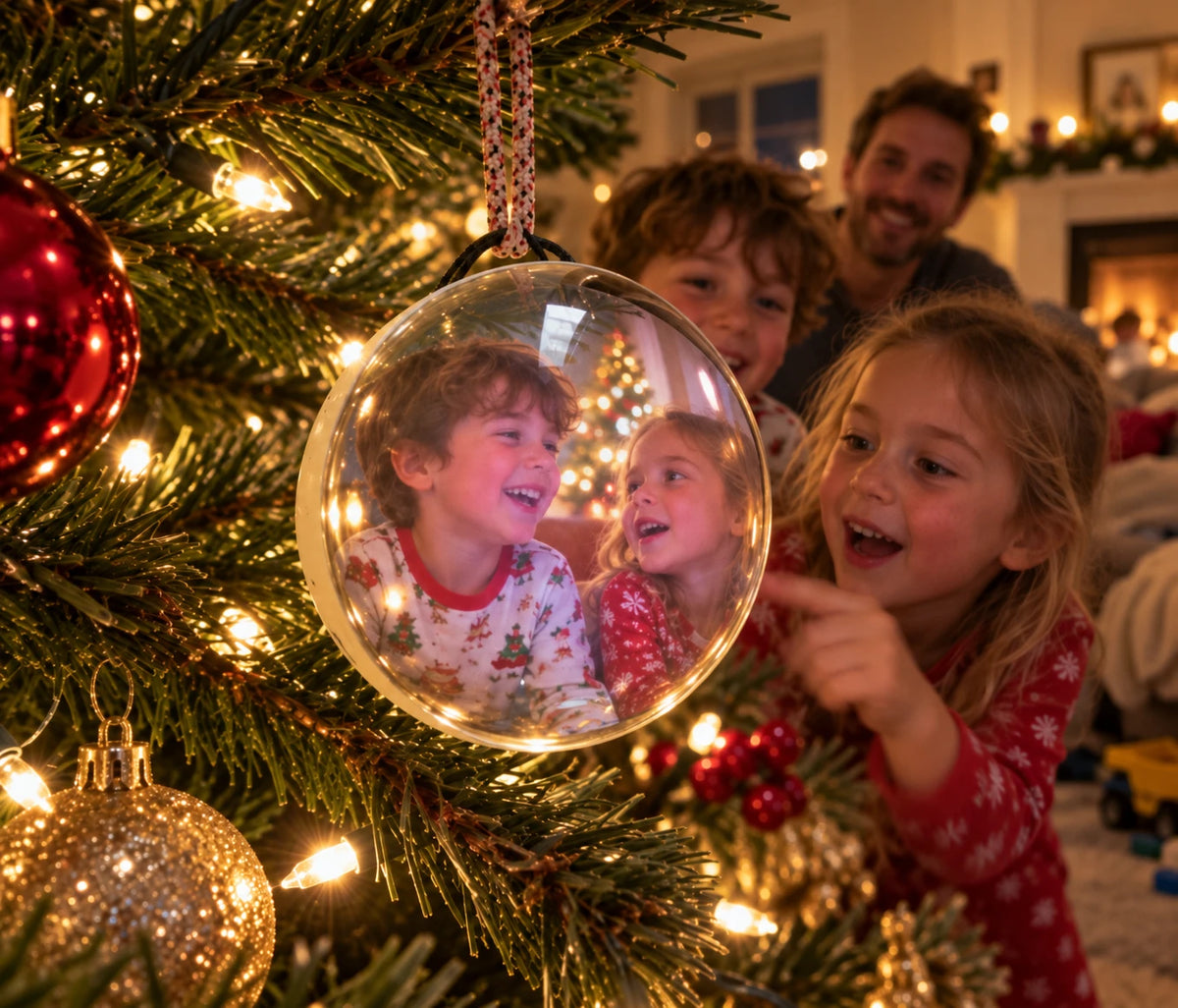 Kids pointing at the Orbie ornament playing a video on the tree