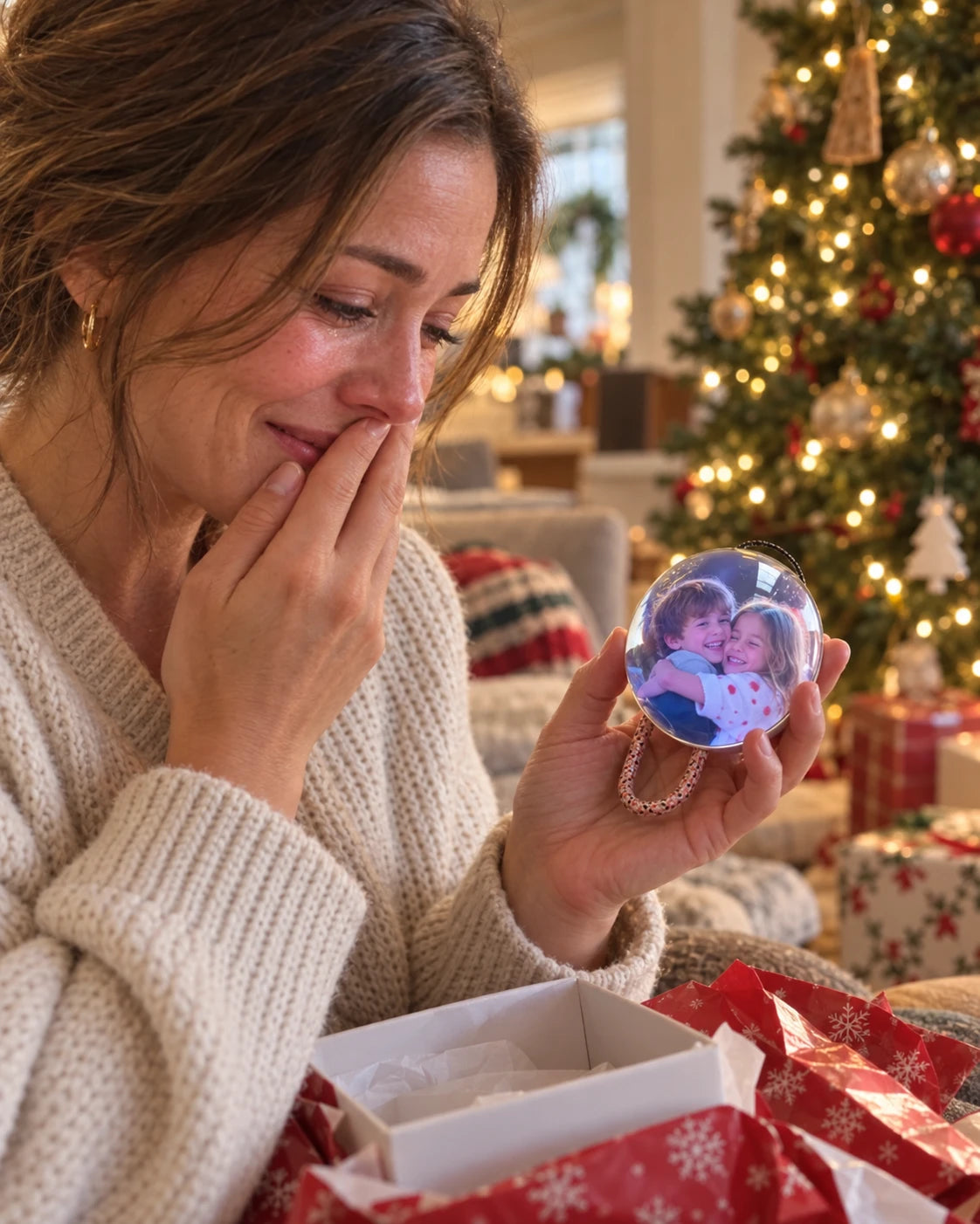 A mom opening her Orbie gift with her kids playing inside