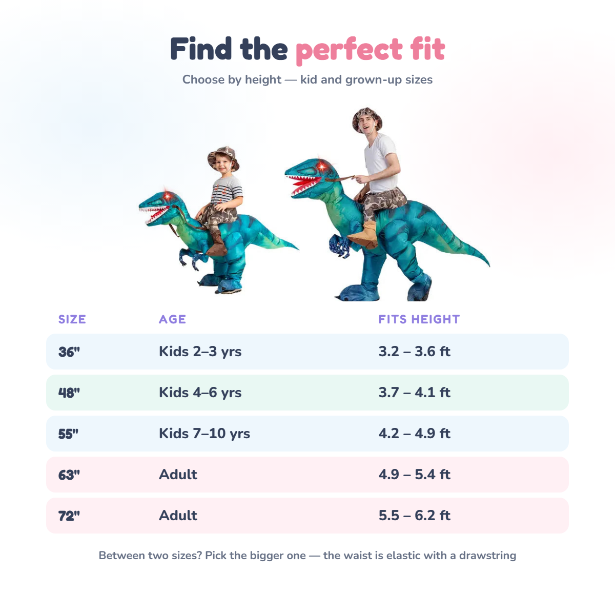 Raptie size chart for kids and adults