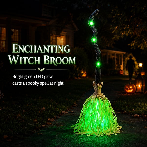 Swishy witch broom glowing green on a dark porch