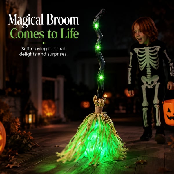 Swishy witch broom glowing next to a child in a skeleton costume