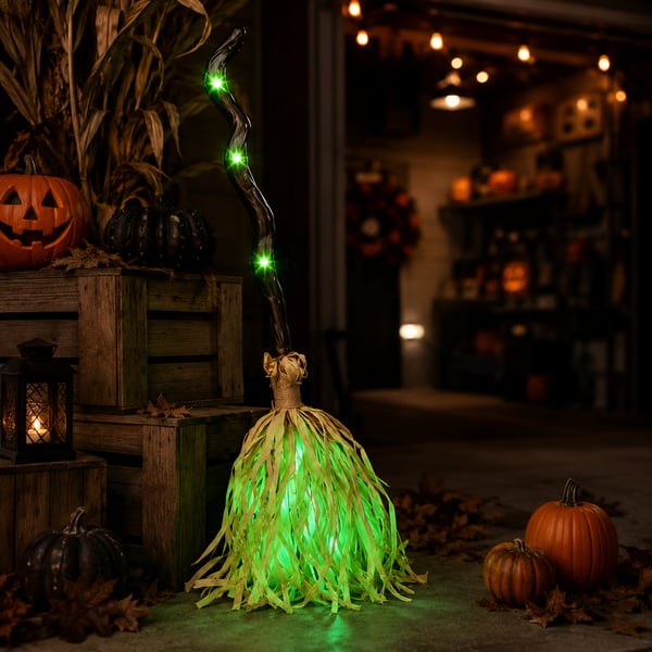 Swishy witch broom glowing among pumpkins