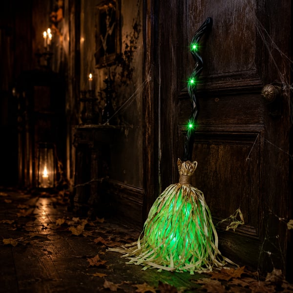 Swishy witch broom glowing in a dark doorway