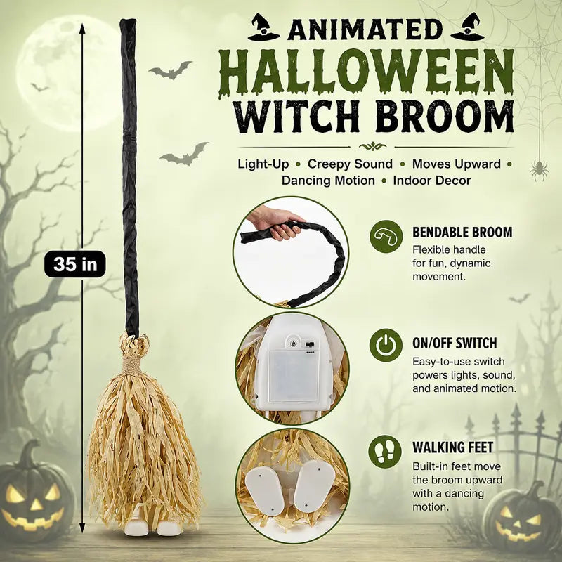 Swishy witch broom size, about 35 inches tall, with bendable handle