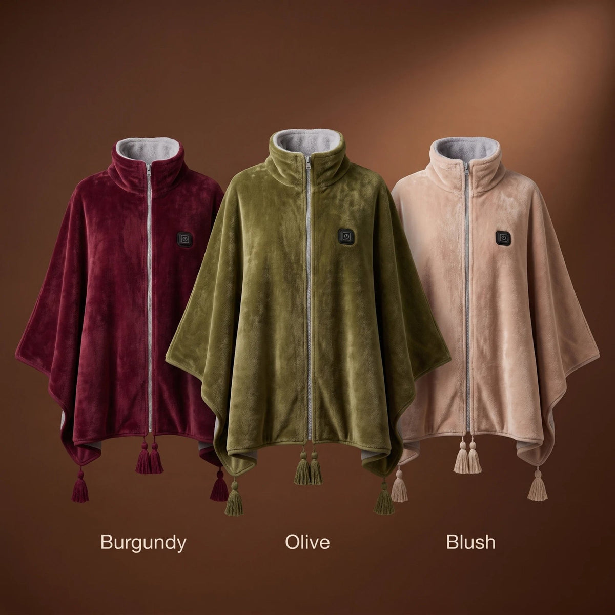 Vela heated cape in burgundy, olive and blush