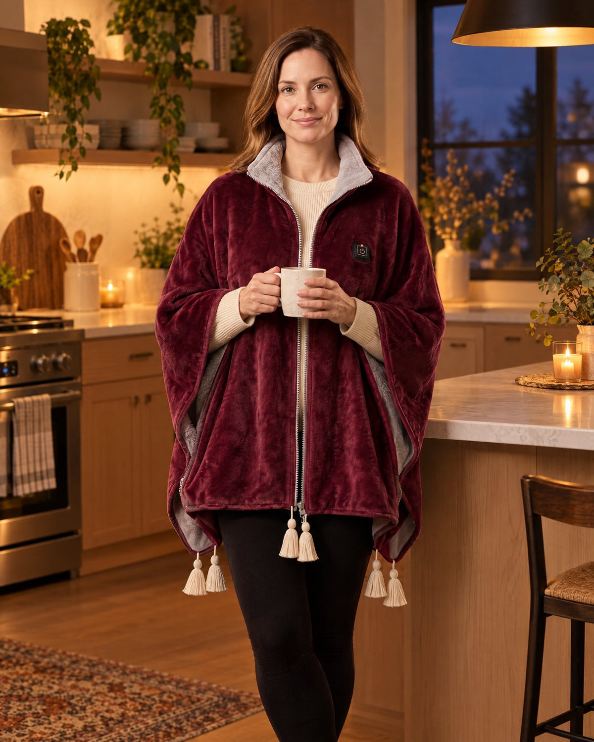 Wearing the heated cape in the kitchen