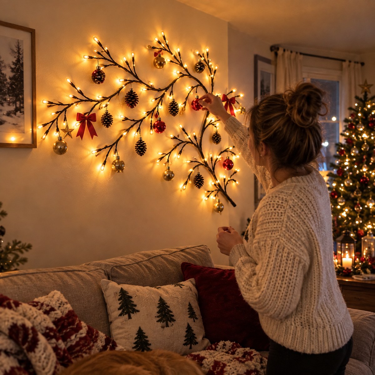 Woman hanging ornaments on the glowing Willo branch above her sofa