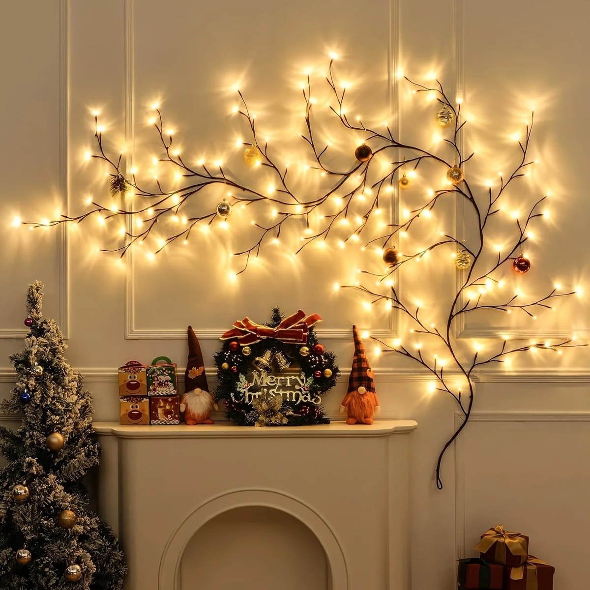 Willo glowing above a fireplace with a Christmas tree