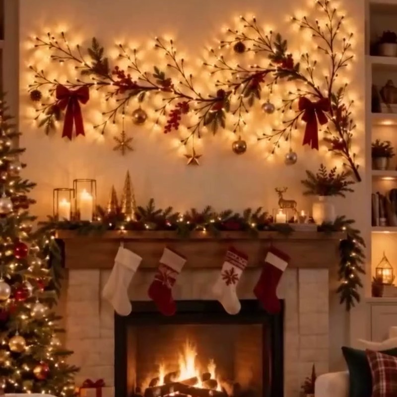 Willo framing a Christmas mantel with stockings